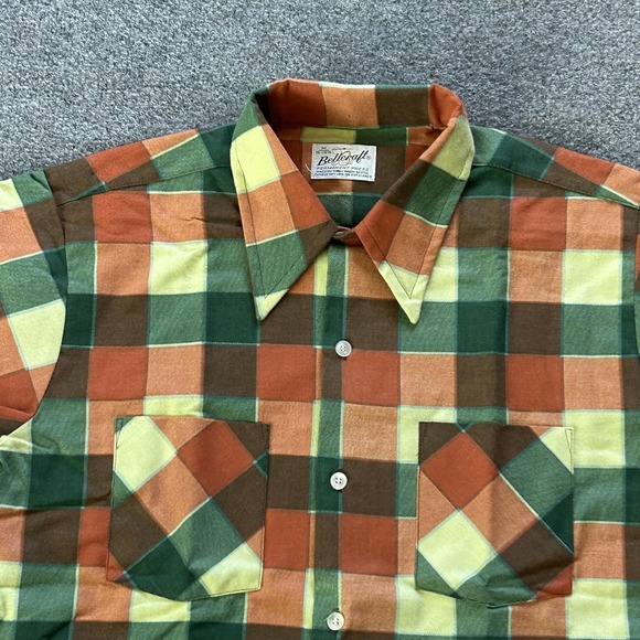 Vintage Bellcraft Shirt Mens Medium Plaid Orange Green Brown Permanent Press 70s - Picture 2 of 8
